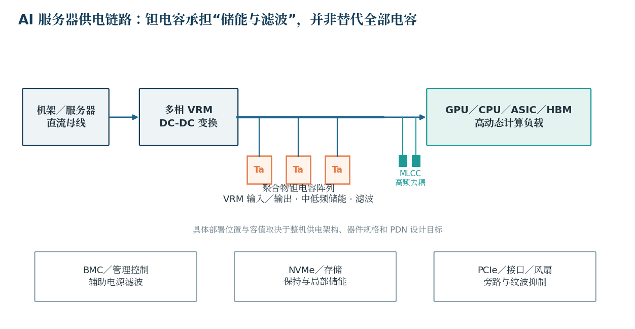 AI 服务器供电链路中钽电容的典型位置（架构示意）