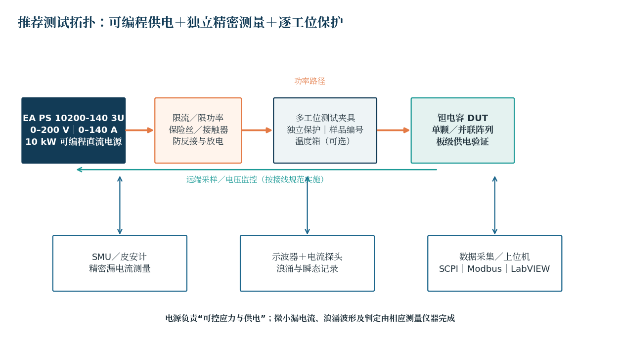 钽电容测试拓扑：供电、测量与保护各司其职